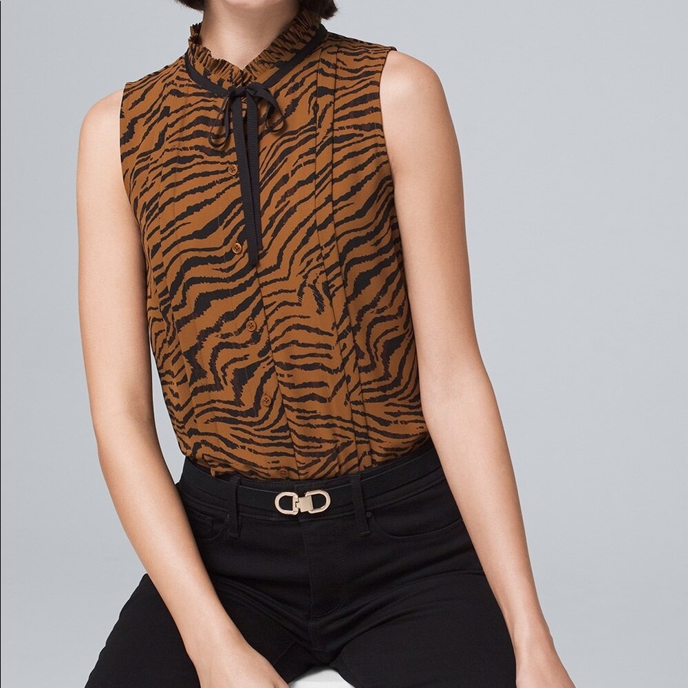 Tiger-Print Tie-Neck Blouse